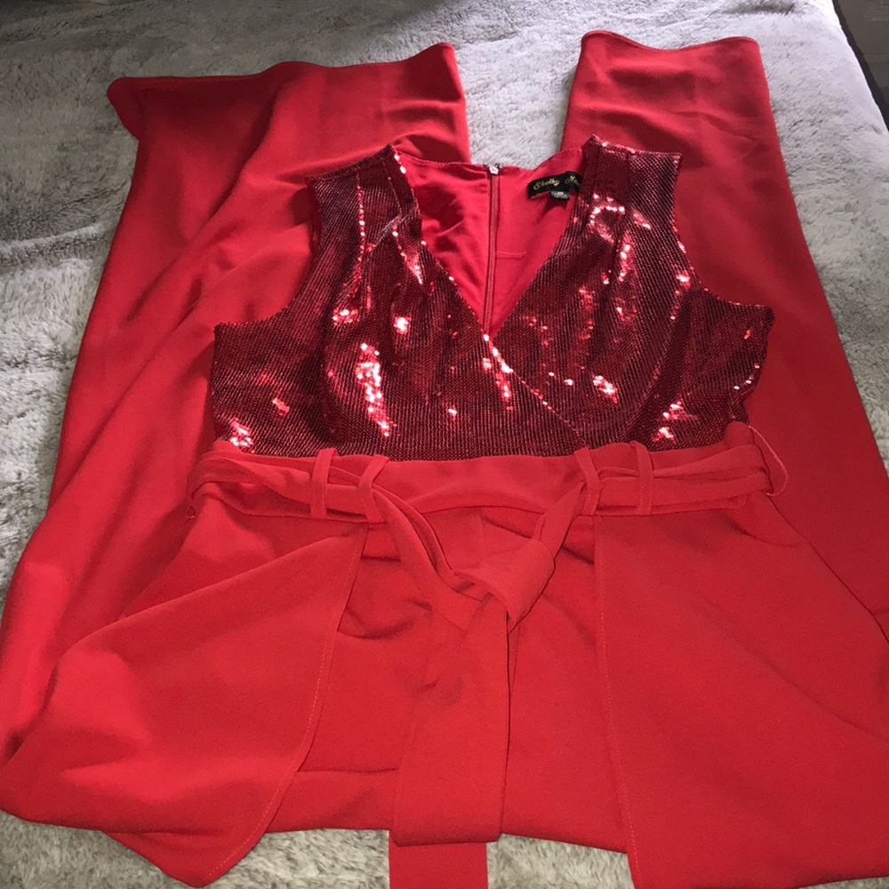 NWOT Red sequin top split leg pant jump suit